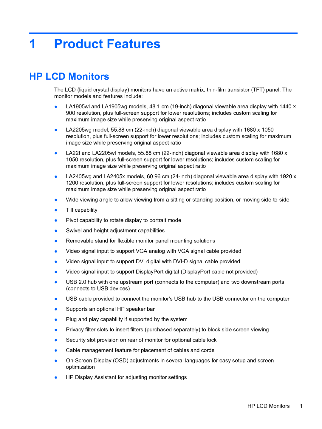 HP LA2205wg 22' NM274A8#ABA, 24IN MONITR A9P21A8#ABA, LA1905wg 19 NM360A8#ABA manual Product Features, HP LCD Monitors 