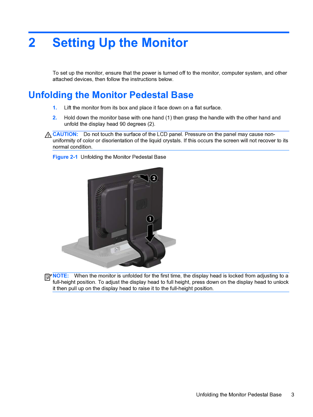 HP 24IN MONITR A9P21A8#ABA, LA2205wg 22' NM274A8#ABA manual Setting Up the Monitor, Unfolding the Monitor Pedestal Base 