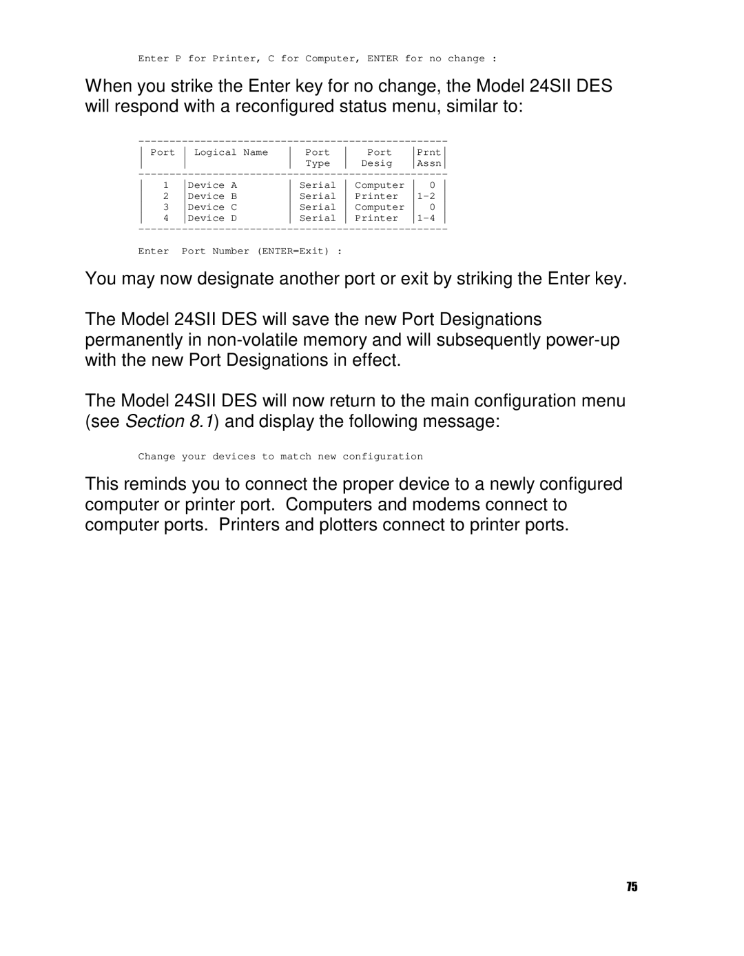 HP 24SII manual Enter P for Printer, C for Computer, Enter for no change 