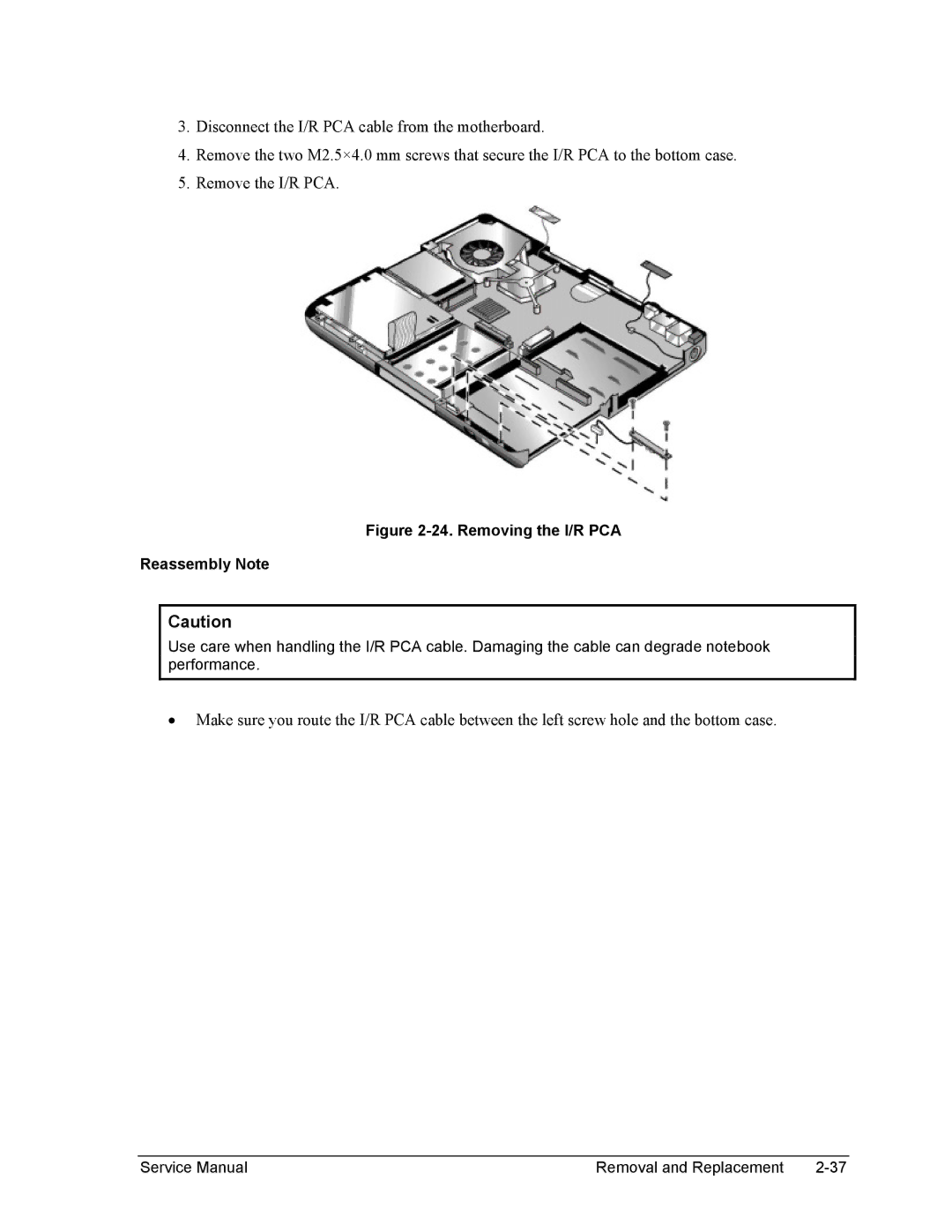 HP 2500, 1100, 2100 manual Removing the I/R PCA Reassembly Note 