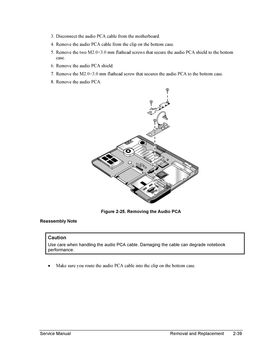 HP 2100, 2500, 1100 manual Removing the Audio PCA Reassembly Note 