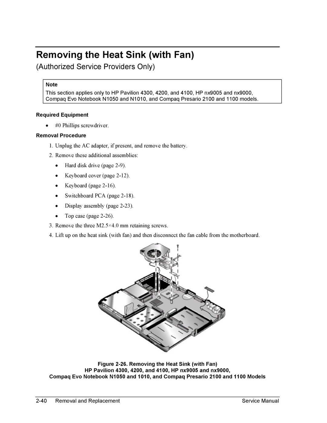 HP 2500, 1100, 2100 manual Removing the Heat Sink with Fan 