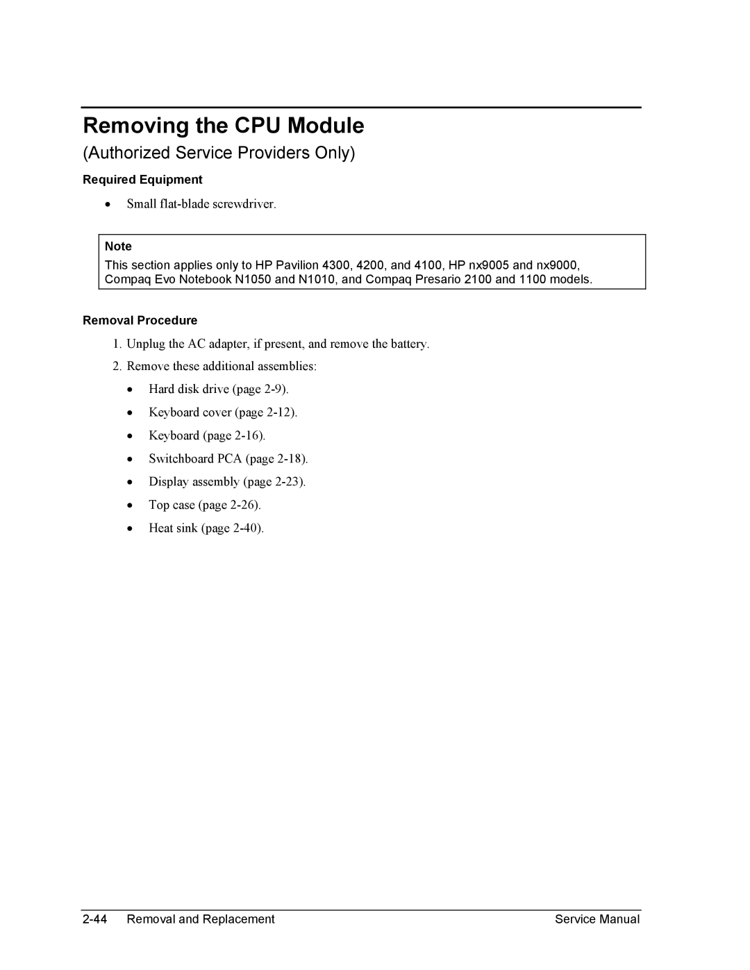 HP 1100, 2500, 2100 manual Removing the CPU Module 