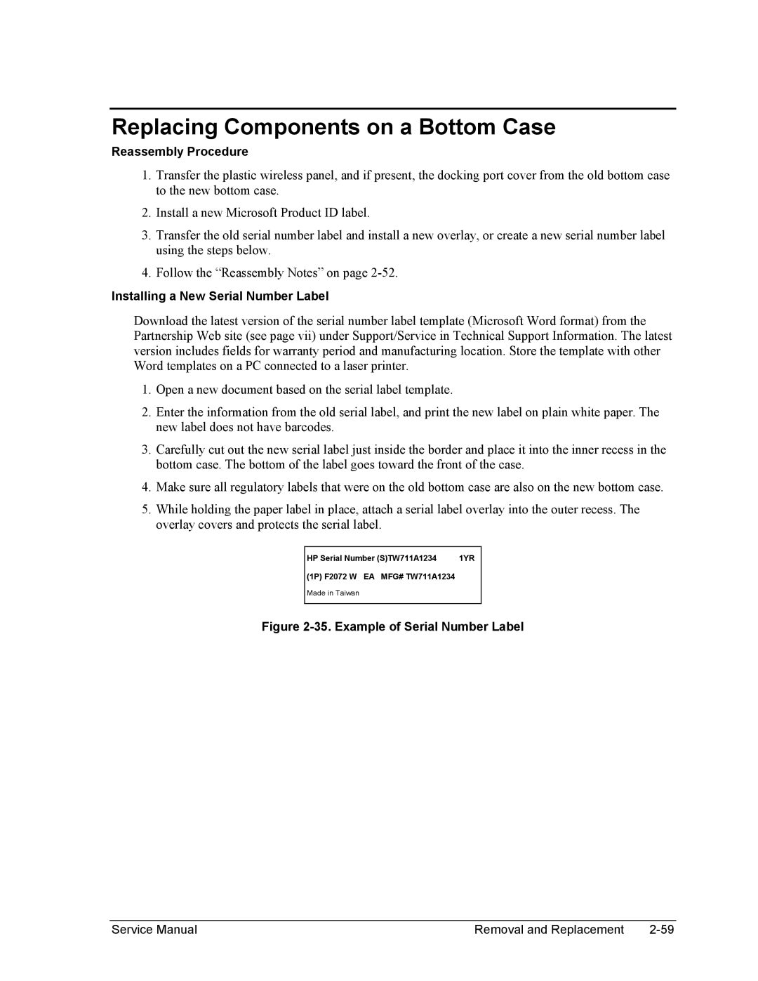 HP 1100, 2500, 2100 manual Replacing Components on a Bottom Case, Installing a New Serial Number Label 