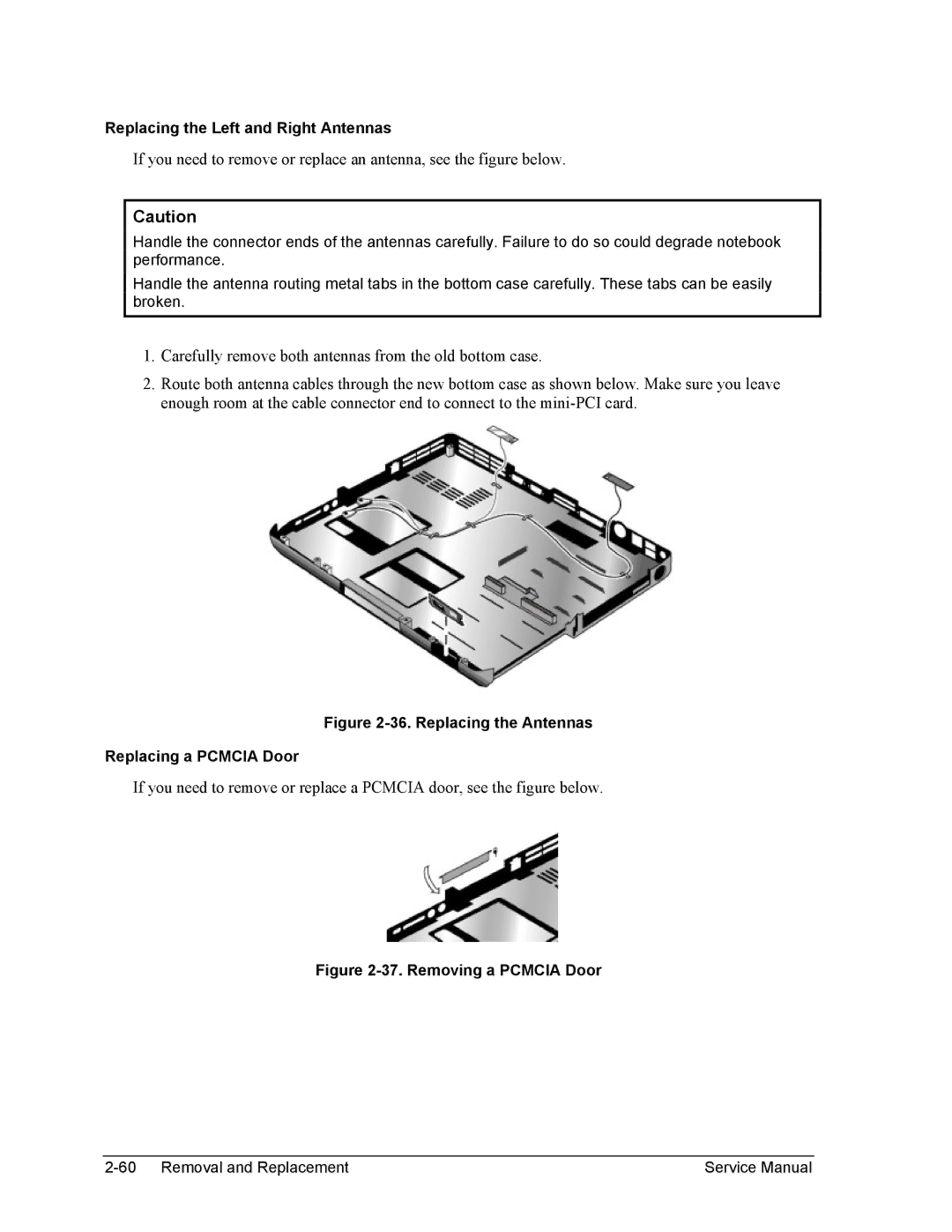 HP 2100, 2500, 1100 manual Replacing the Antennas Replacing a Pcmcia Door, Removing a Pcmcia Door 