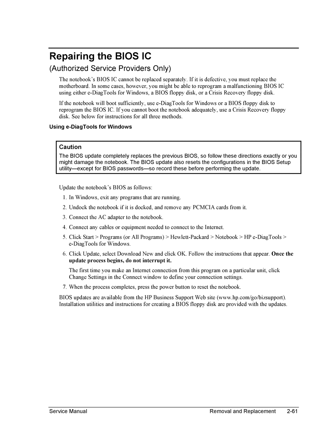 HP 2500, 1100, 2100 manual Repairing the Bios IC, Using e-DiagTools for Windows 