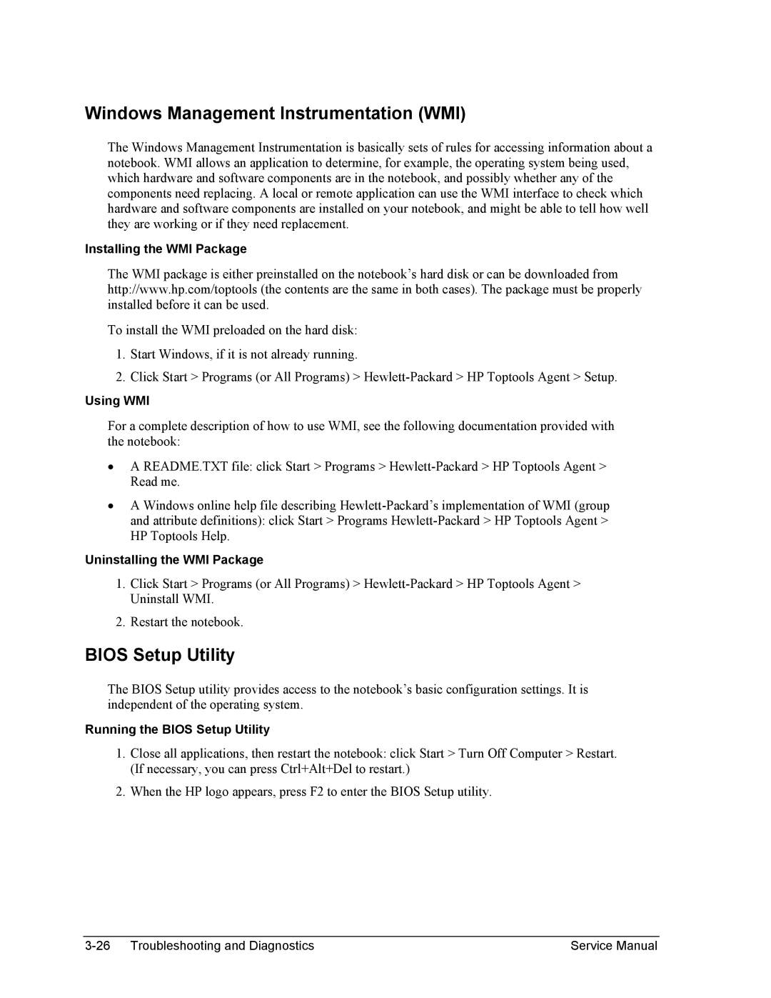 HP 2100, 2500, 1100 manual Windows Management Instrumentation WMI, Bios Setup Utility 