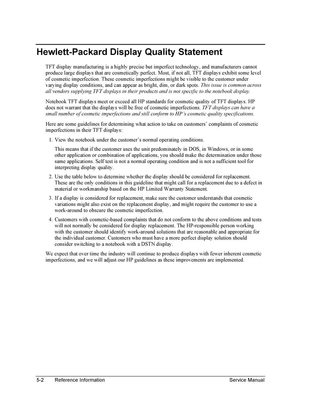 HP 2500, 1100, 2100 manual Hewlett-Packard Display Quality Statement 