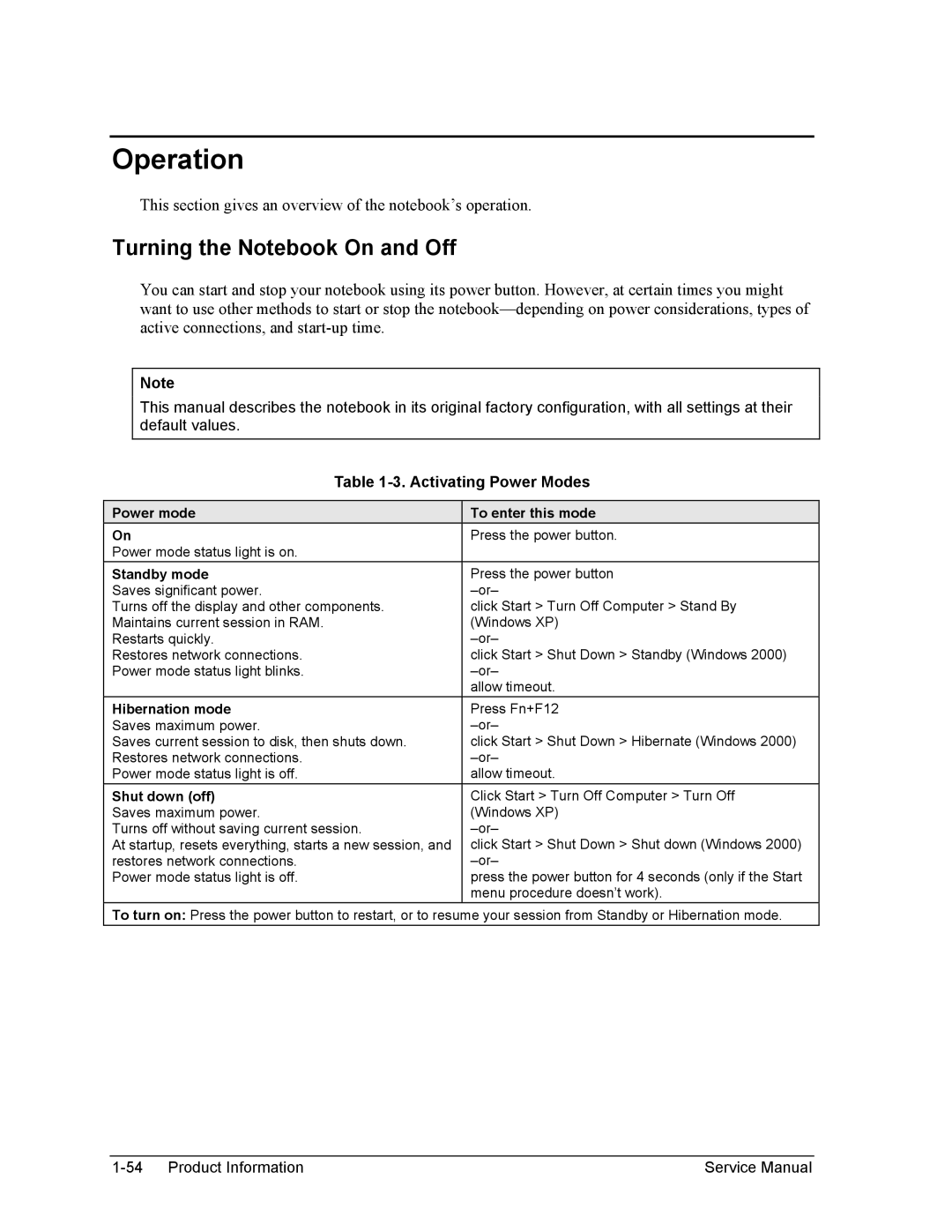 HP 2500, 1100, 2100 manual Operation, Turning the Notebook On and Off, Activating Power Modes 