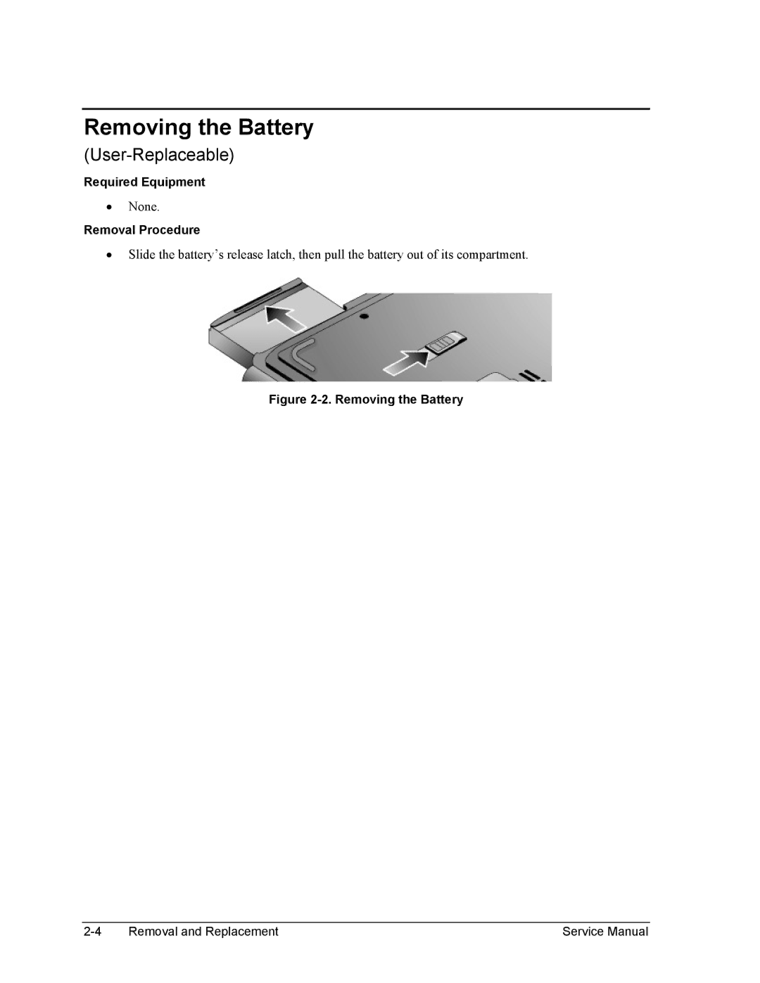 HP 2500, 1100, 2100 manual Removing the Battery, Removal Procedure 