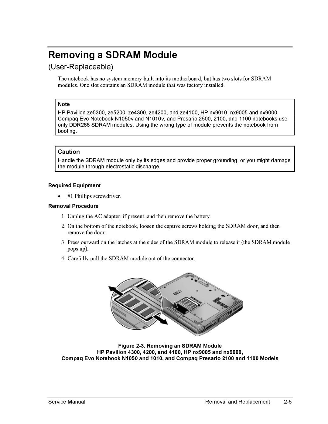 HP 1100, 2500, 2100 manual Removing a Sdram Module 