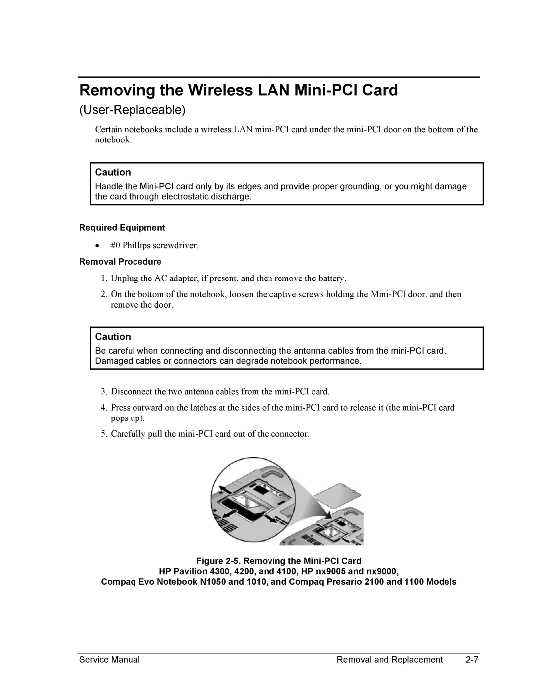 HP 2500, 1100, 2100 manual Removing the Wireless LAN Mini-PCI Card 