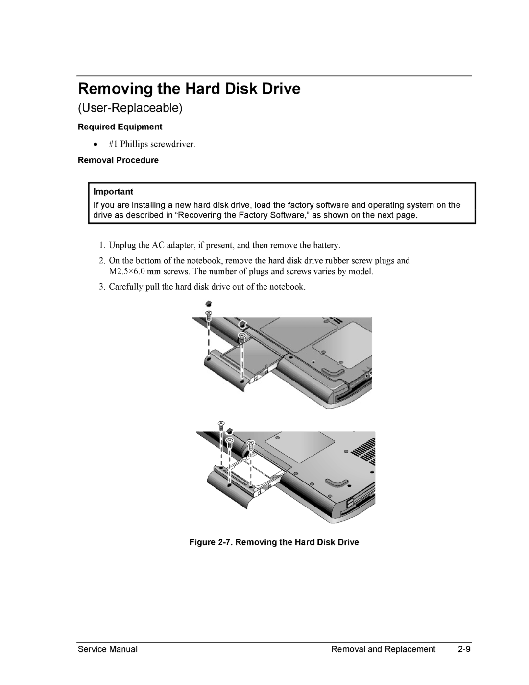 HP 2100, 2500, 1100 manual Removing the Hard Disk Drive 