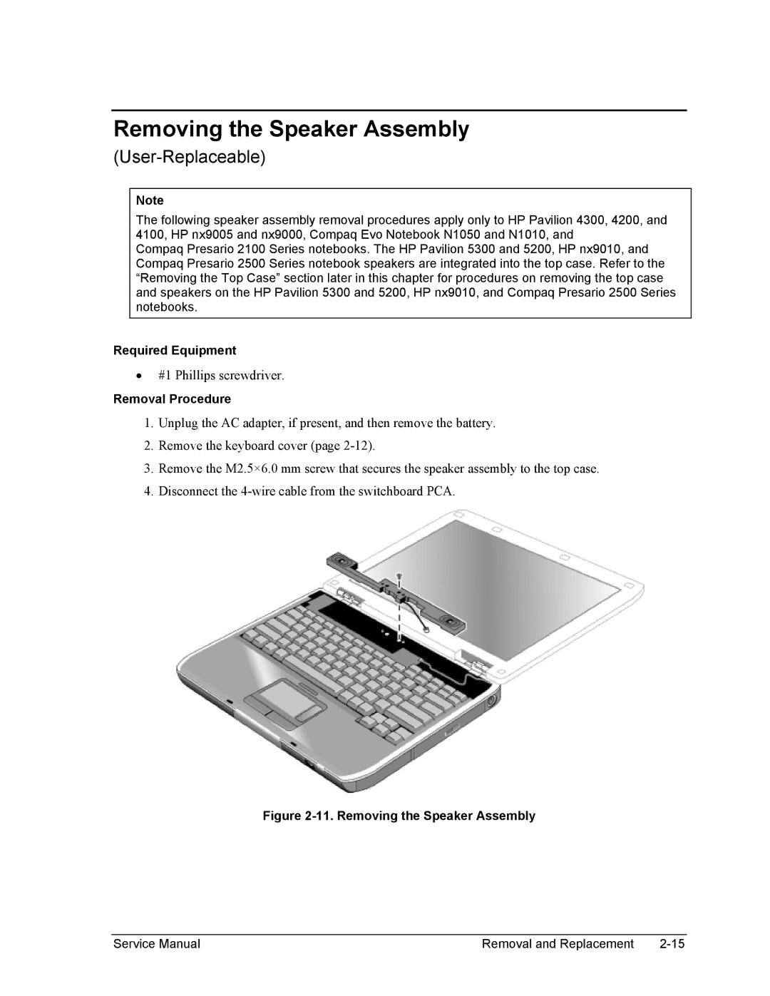 HP 2100, 2500, 1100 manual Removing the Speaker Assembly 