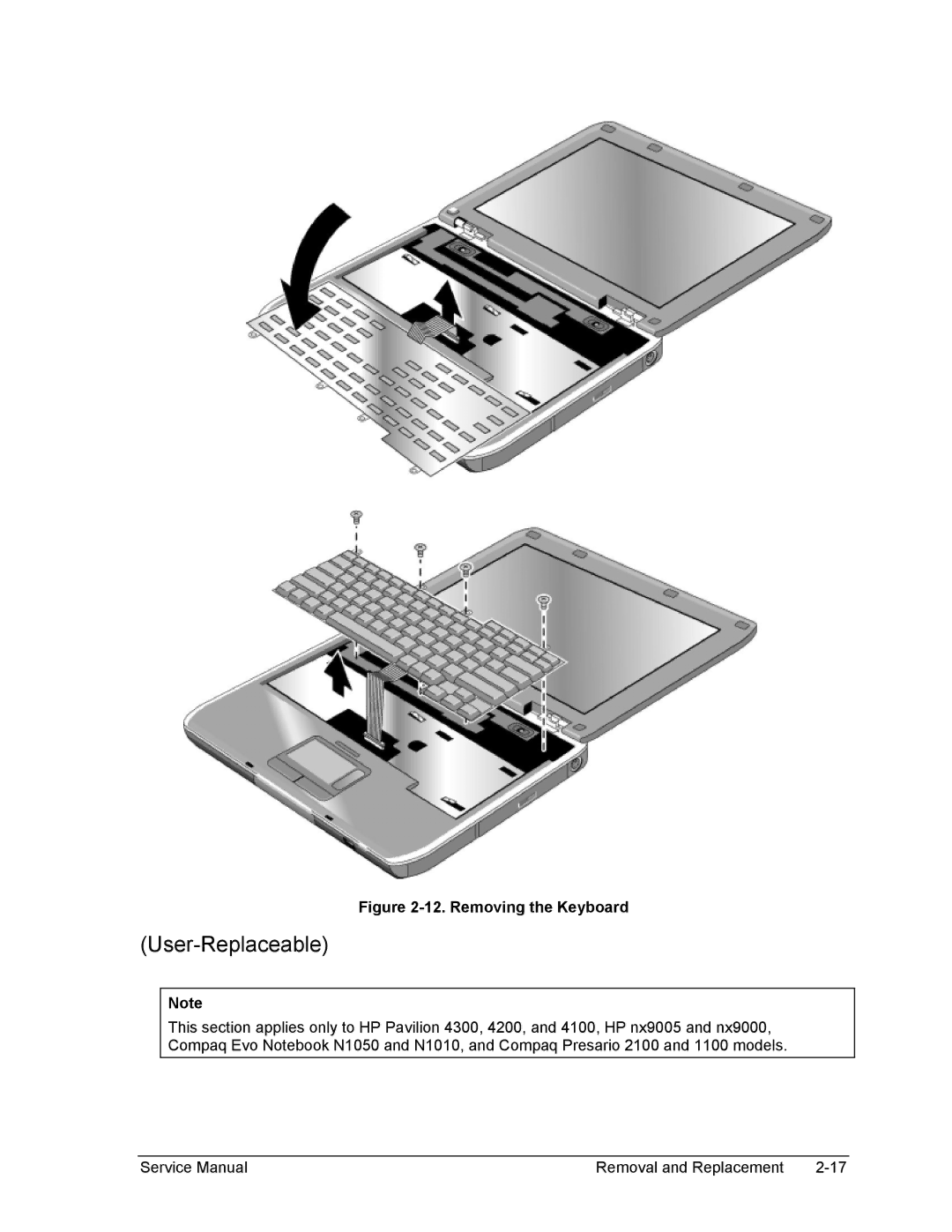 HP 1100, 2500, 2100 manual Removing the Keyboard 