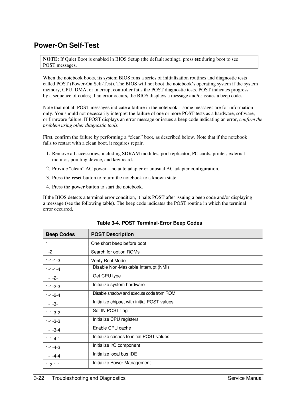 HP 2116AP, 2500, 2183AF, 2182US, 2182AT, 2182AF, 2180EA Power-On Self-Test, Post Terminal-Error Beep Codes Post Description 