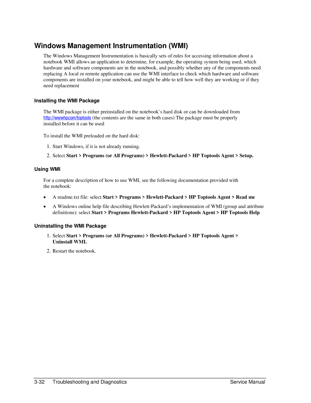 HP 2113AP Windows Management Instrumentation WMI, Installing the WMI Package, Using WMI, Uninstalling the WMI Package 