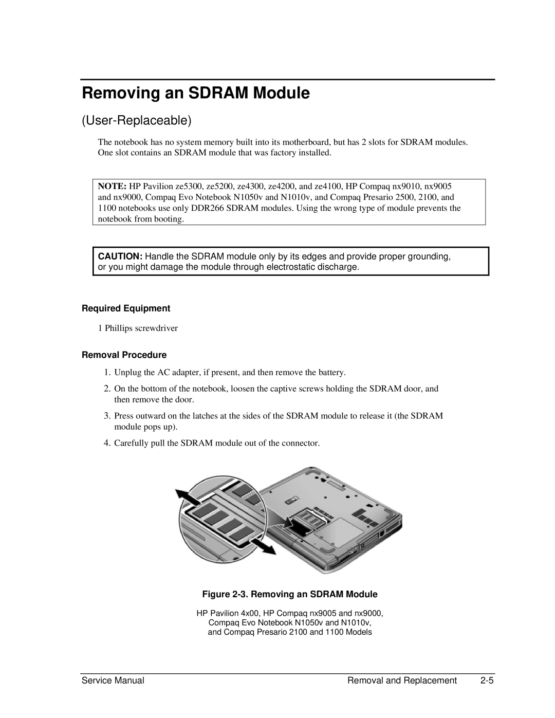 HP 2161US, 2500, 2183AF, 2182US, 2182AT, 2182AF, 2180EA, 2180AF, 2180CA, 2179AF, 2178EA, 2178AF, 2177AF, 2158 Removing an Sdram Module 