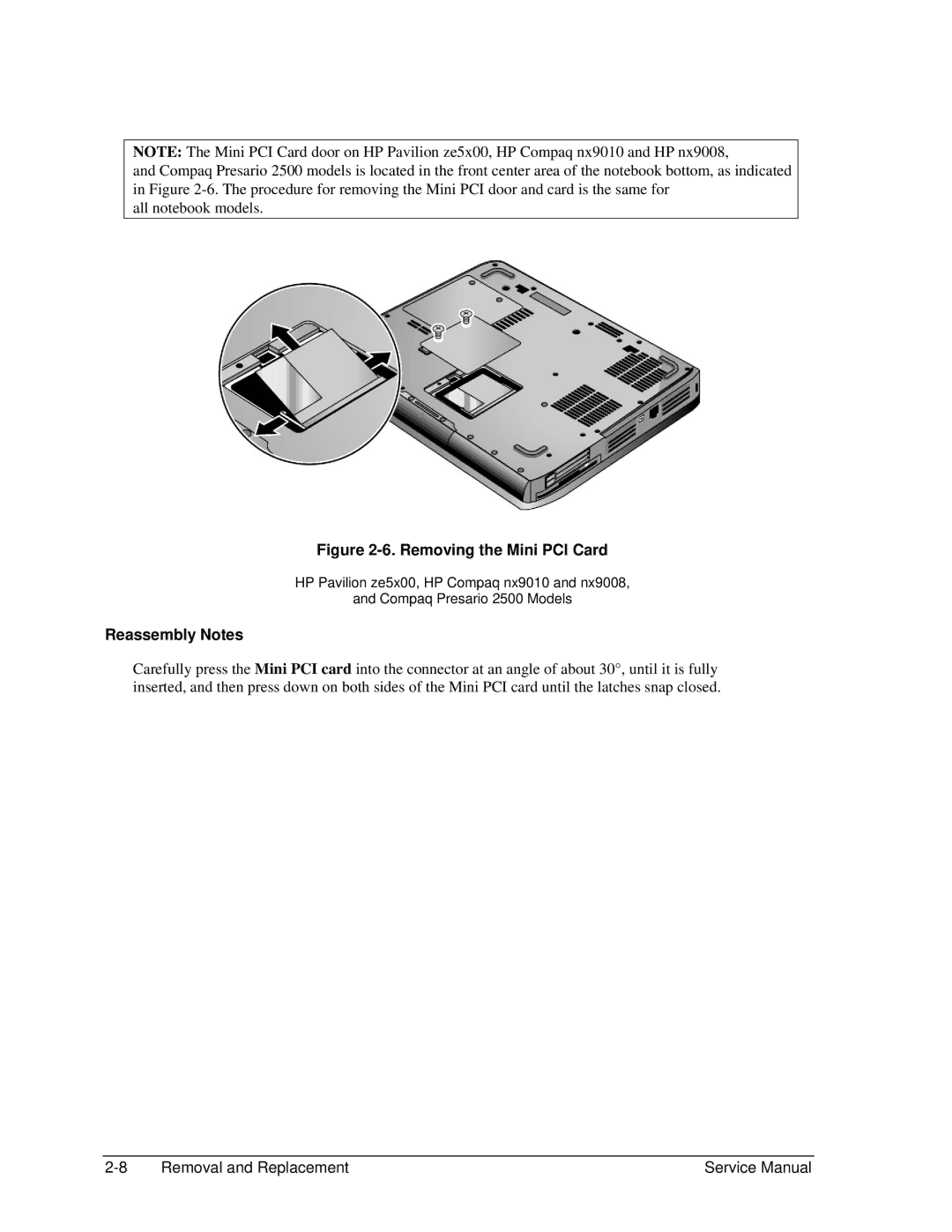 HP 2162AE, 2500, 2183AF, 2182US, 2182AT, 2182AF, 2180EA, 2180AF, 2180CA, 2179AF, 2178EA, 2178AF, 2177AF Removing the Mini PCI Card 