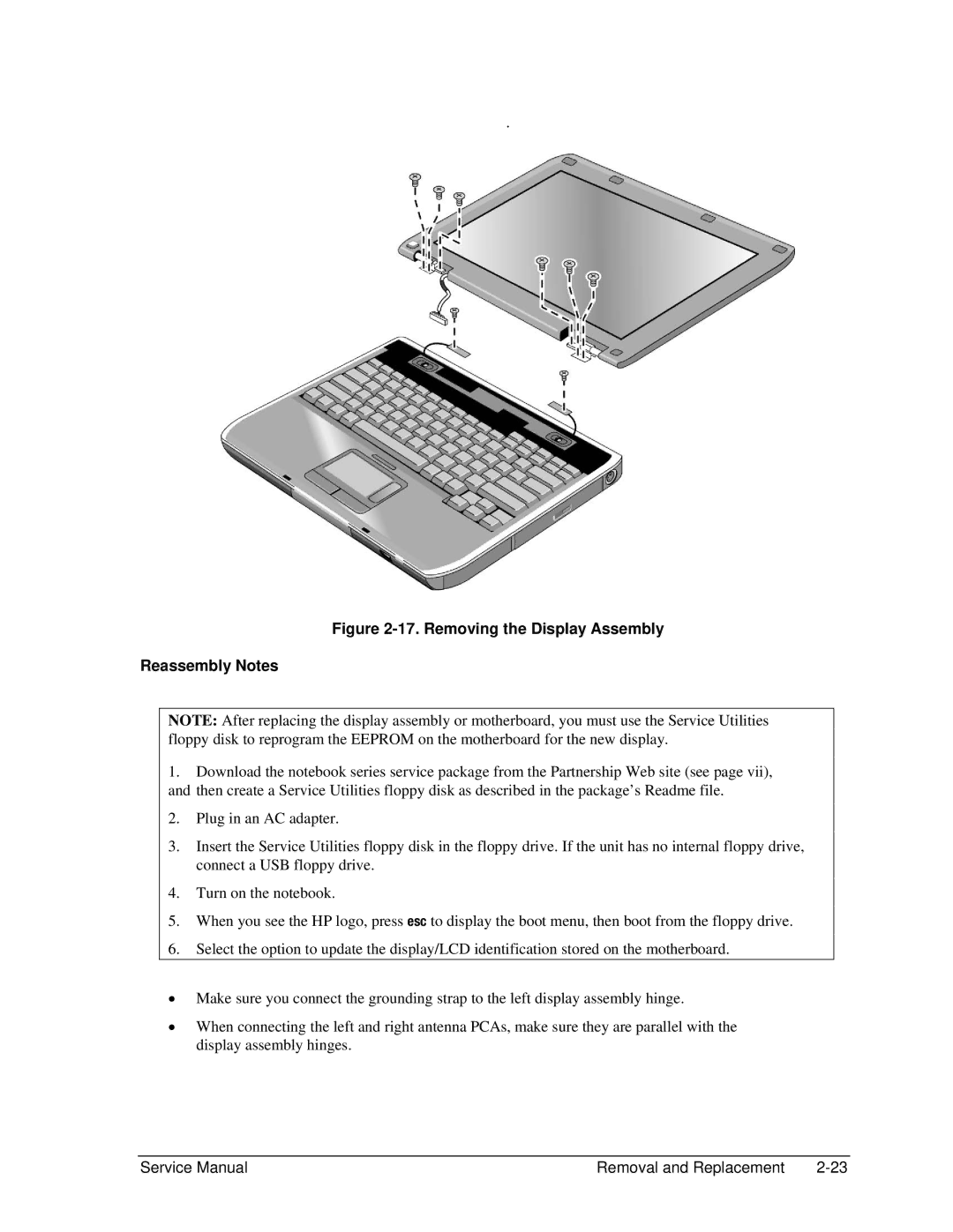 HP 2172AE, 2500, 2183AF, 2182US, 2182AT, 2182AF, 2180EA, 2180AF, 2180CA, 2179AF Removing the Display Assembly Reassembly Notes 