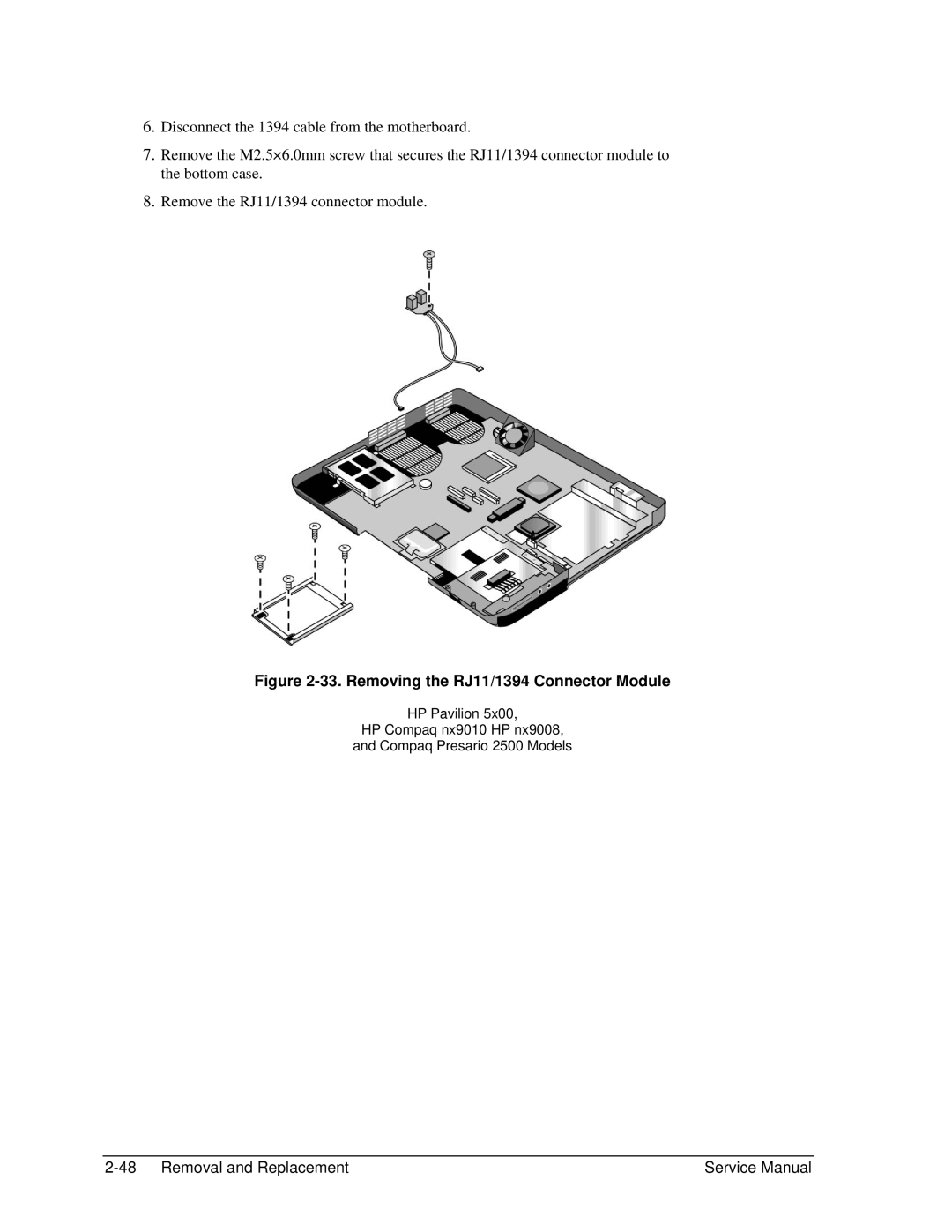 HP 2504AT, 2500, 2183AF, 2182US, 2182AT, 2182AF, 2180EA, 2180AF, 2180CA, 2179AF, 2178EA Removing the RJ11/1394 Connector Module 