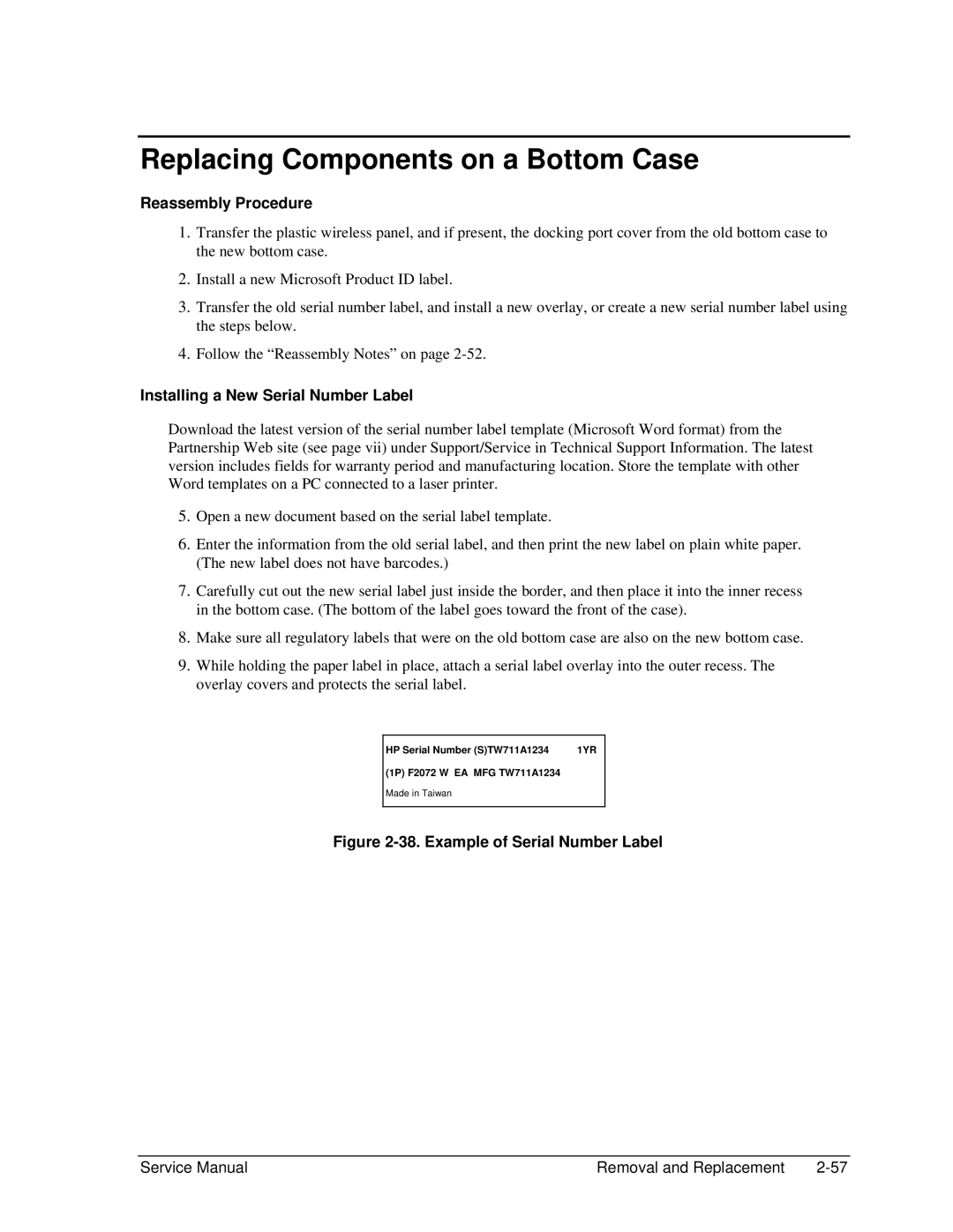 HP 2506EU, 2500, 2183AF, 2182US, 2182AT, 2182AF Replacing Components on a Bottom Case, Installing a New Serial Number Label 