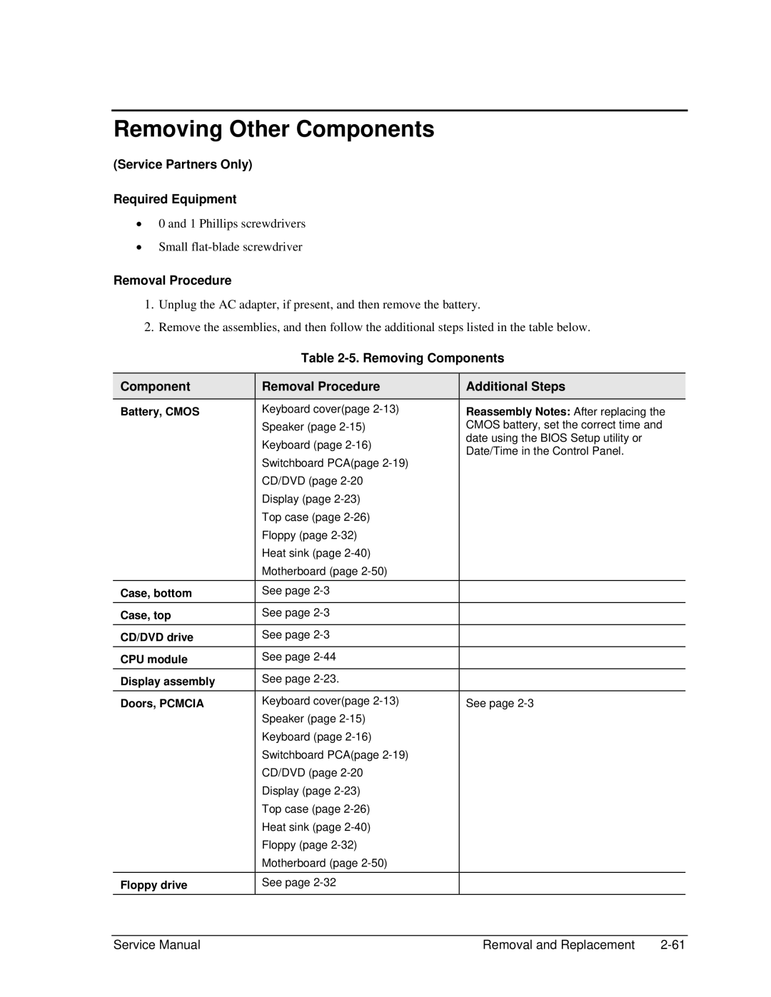 HP 2512AT, 2500, 2183AF, 2182US, 2182AT, 2182AF, 2180EA Removing Other Components, Service Partners Only Required Equipment 