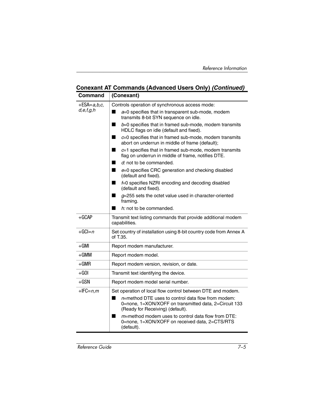 HP 2549EA, 2500, 2185AF, 2158, 2505EA, 2510AP, 2508EA, 2156EA, 2117AP, 2116AP, 2114AP manual Conexant AT Commands Advanced Users Only 