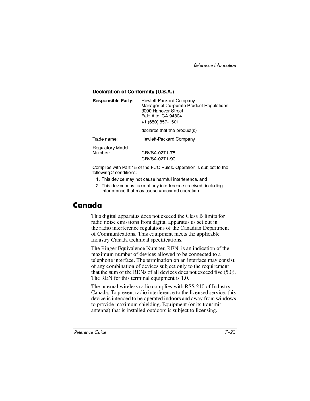 HP 2126AC, 2500, 2185AF, 2158, 2505EA, 2510AP, 2508EA, 2156EA, 2117AP, 2116AP, 2114AP manual Canada, Declaration of Conformity U.S.A 