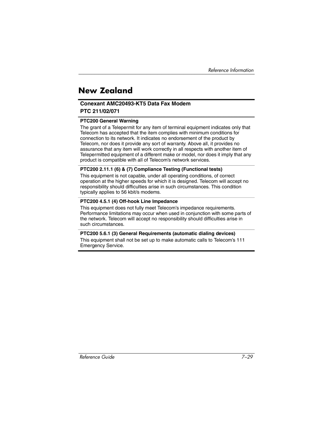 HP 2123AP, 2500, 2185AF, 2158, 2505EA, 2510AP, 2508EA, 2156EA New Zealand, Conexant AMC20493-KT5 Data Fax Modem PTC 211/02/071 