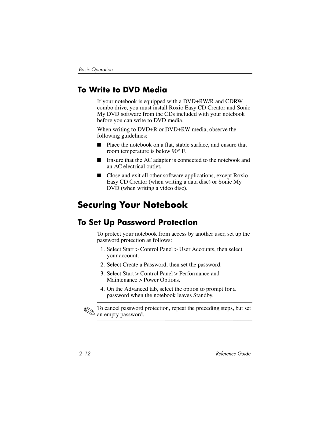 HP 2106AP, 2500, 2185AF, 2158, 2505EA, 2510AP Securing Your Notebook, To Write to DVD Media, To Set Up Password Protection 