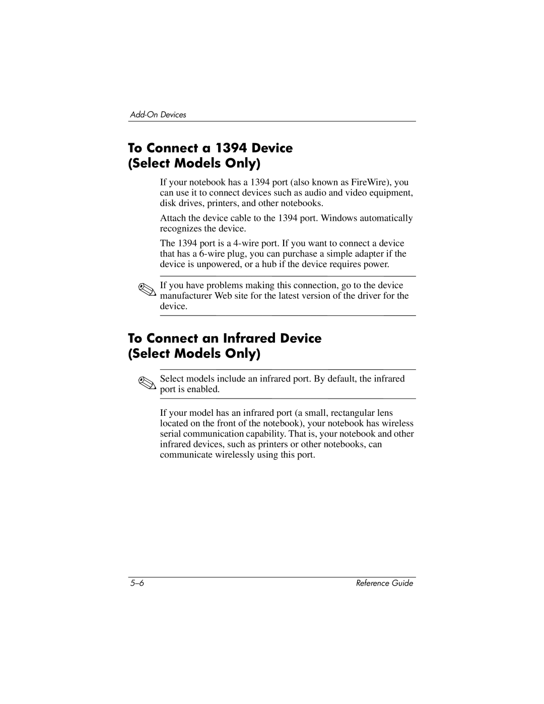 HP 2140US, 2500, 2185AF, 2158 To Connect a 1394 Device Select Models Only, To Connect an Infrared Device Select Models Only 