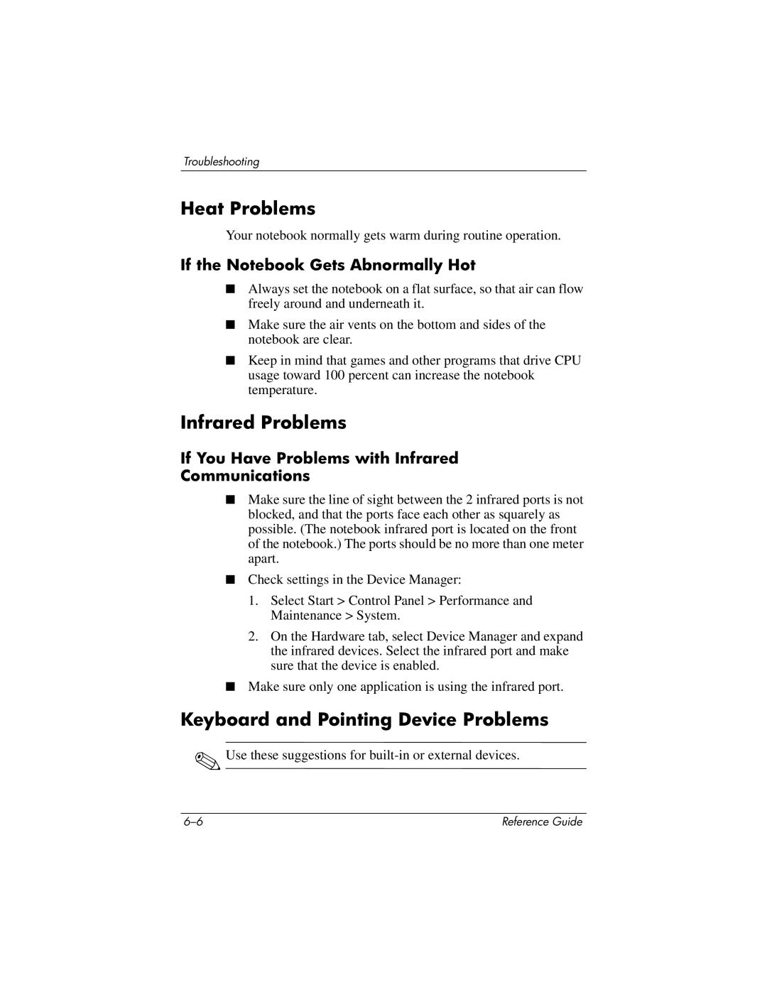 HP 2537EA Heat Problems, Infrared Problems, Keyboard and Pointing Device Problems, If the Notebook Gets Abnormally Hot 