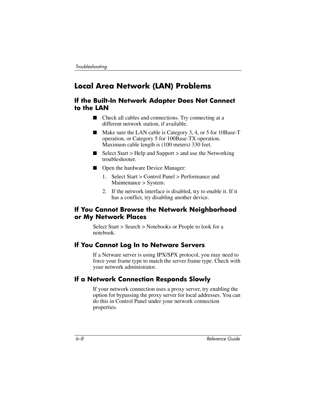 HP 2535EA, 2500, 2185AF, 2158 Local Area Network LAN Problems, If the Built-In Network Adapter Does Not Connect to the LAN 