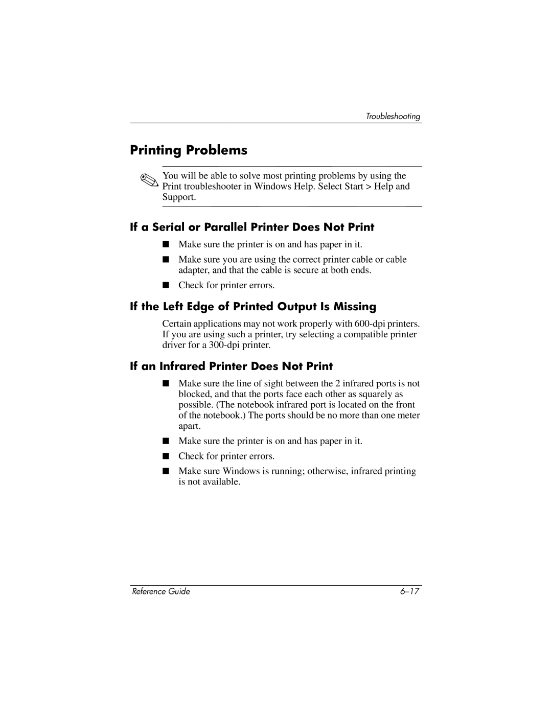 HP 2514AH Printing Problems, If a Serial or Parallel Printer Does Not Print, If the Left Edge of Printed Output Is Missing 