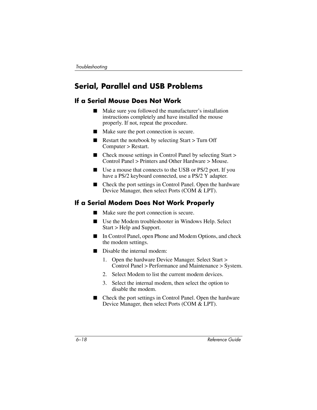 HP 2558AP Serial, Parallel and USB Problems, If a Serial Mouse Does Not Work, If a Serial Modem Does Not Work Properly 