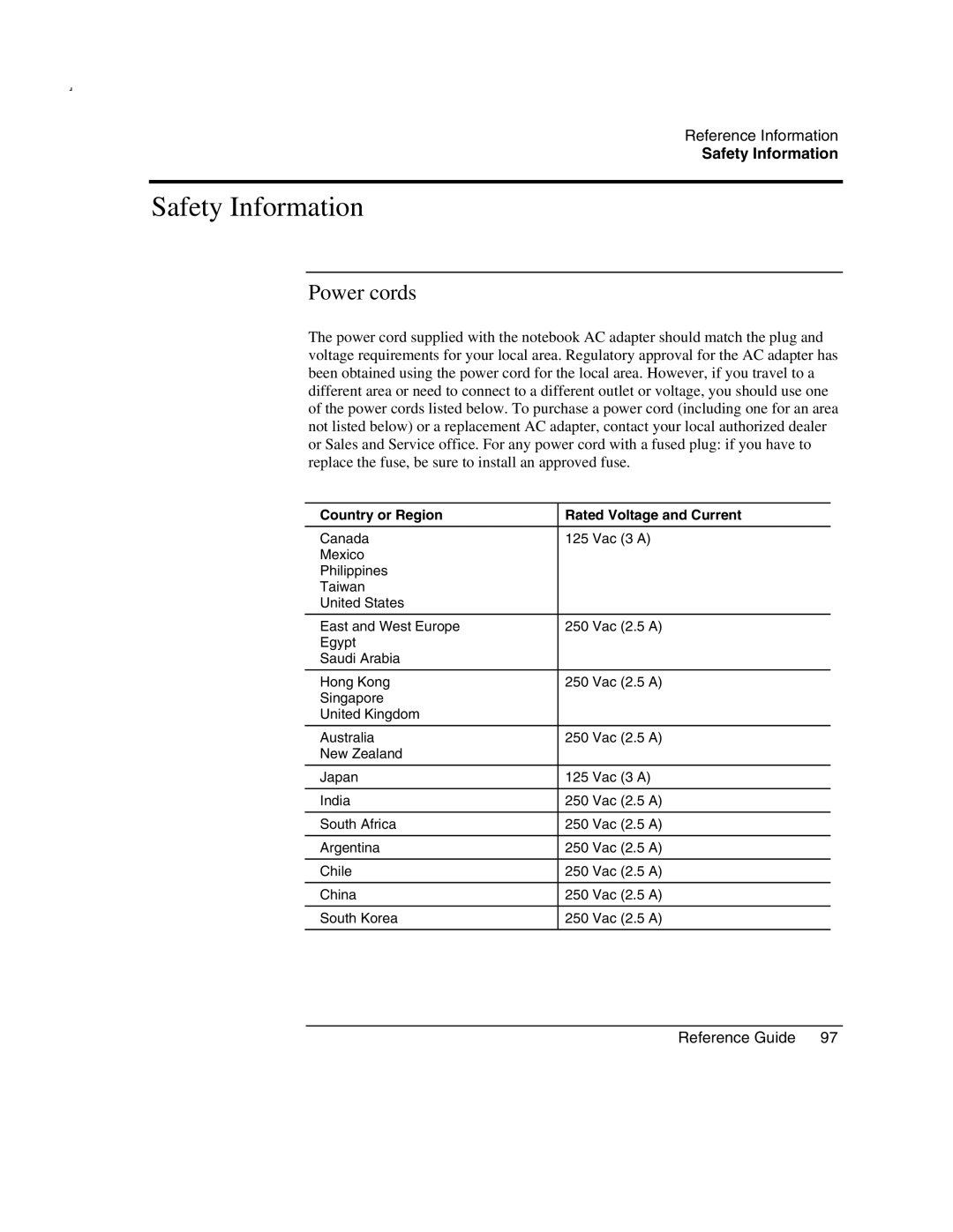 HP 2508EA, 2500, 2186AF, 2183AF, 2182US, 2182AT Safety Information, Power cords, Country or Region Rated Voltage and Current 