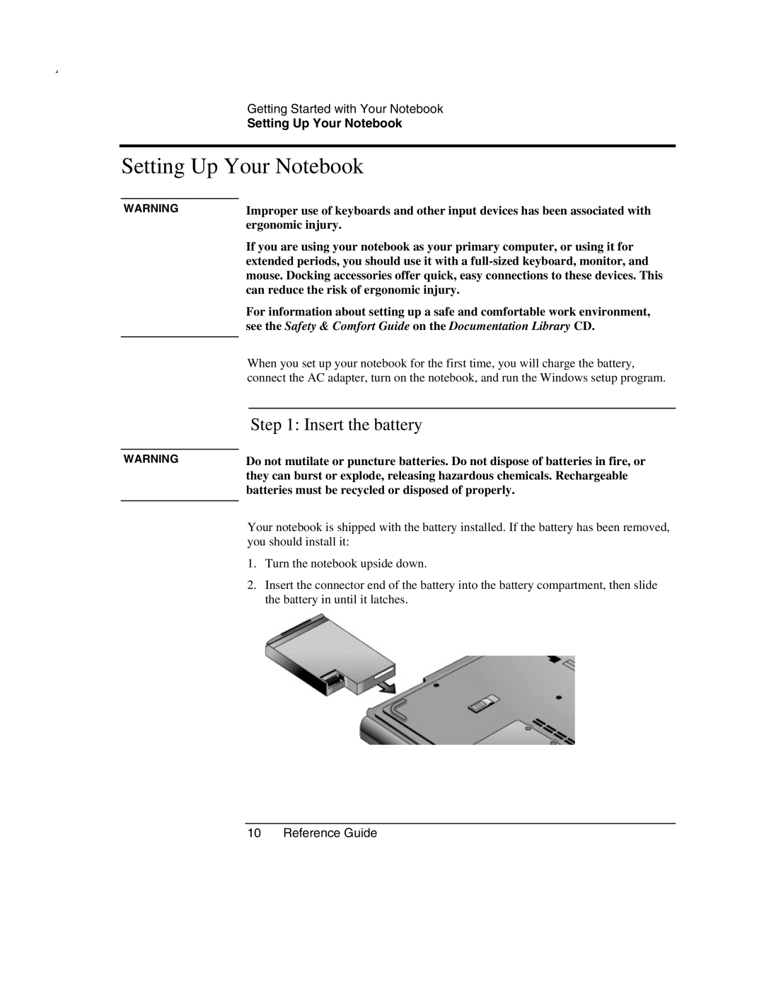 HP 2185AF, 2500, 2186AF, 2183AF, 2182US, 2182AT, 2182AF, 2181AF, 2180EA, 2180AF, 2509 Setting Up Your Notebook, Insert the battery 