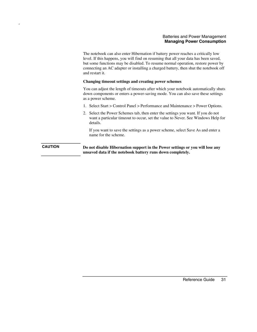 HP 2161AD Changing timeout settings and creating power schemes, Unsaved data if the notebook battery runs down completely 