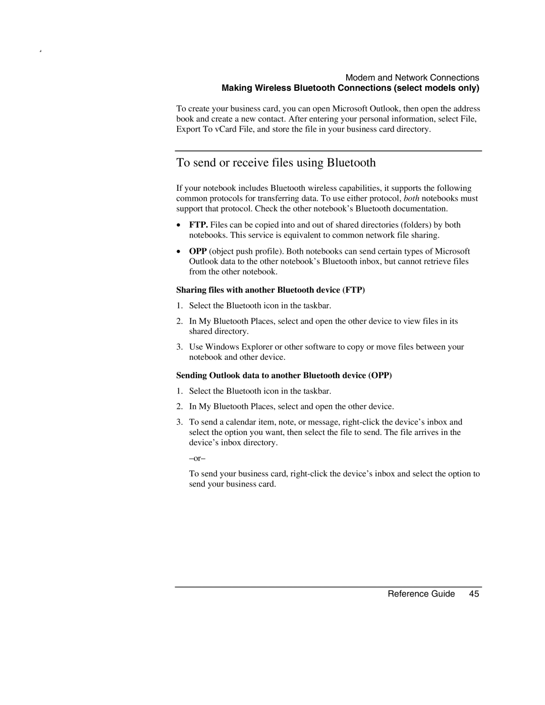 HP 2172AE, 2500, 2186AF, 2183AF To send or receive files using Bluetooth, Sharing files with another Bluetooth device FTP 