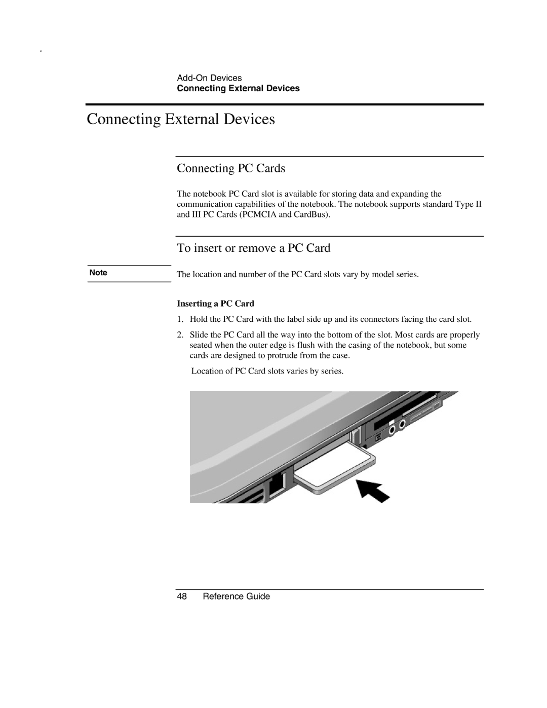 HP 2171US, 2500, 2186AF, 2183AF, 2182US, 2182AT, 2182AF Connecting External Devices, Connecting PC Cards, Inserting a PC Card 