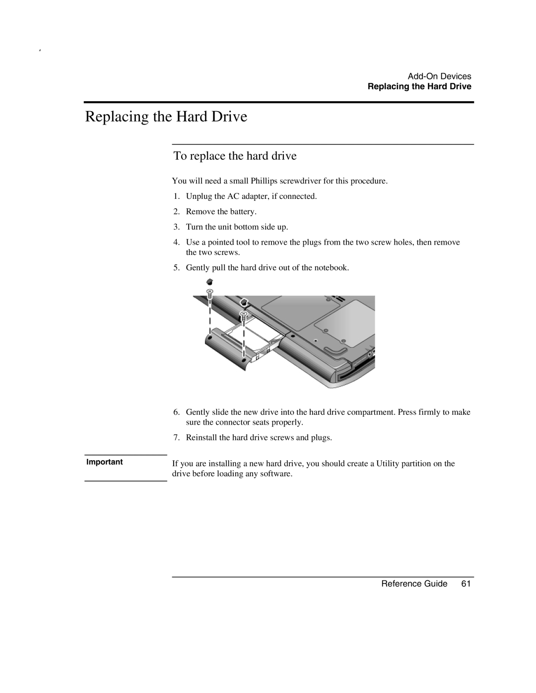 HP 2170AE, 2500, 2186AF, 2183AF, 2182US, 2182AT, 2182AF, 2181AF, 2180EA, 2509 Replacing the Hard Drive, To replace the hard drive 