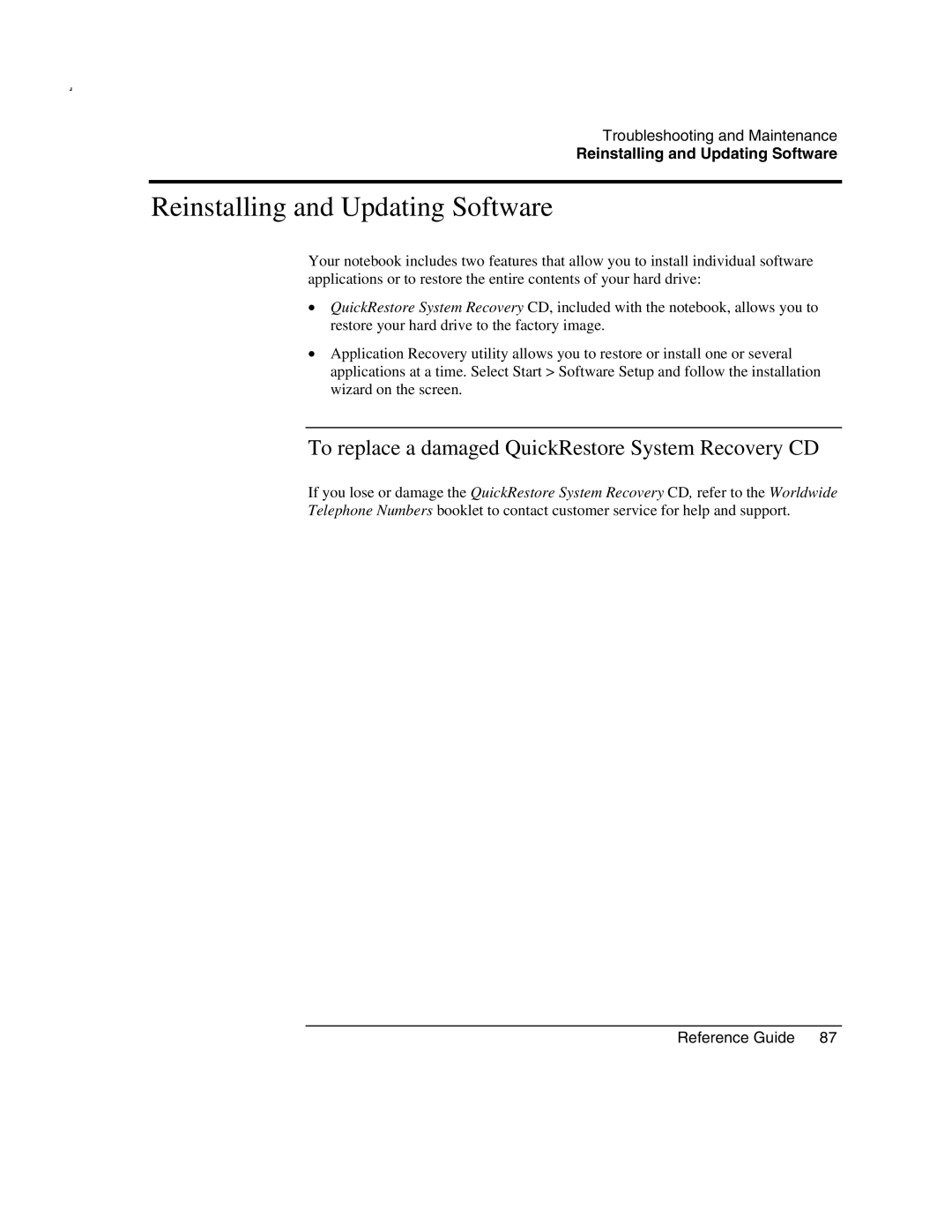 HP 2510EU, 2500, 2186AF, 2183AF Reinstalling and Updating Software, To replace a damaged QuickRestore System Recovery CD 