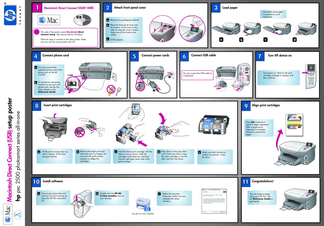 HP 2500 2500 Direct Connect USB setup poster, Macintosh, series all-in-one, photosmart, hp psc, Insert print cartridges 