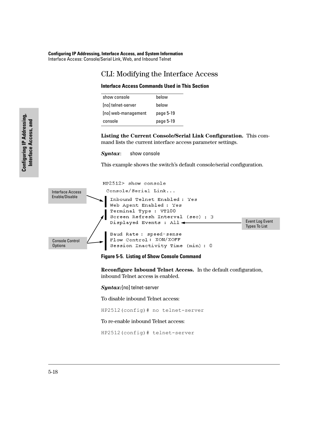 HP 2500 manual CLI Modifying the Interface Access, Interface Access Commands Used in This Section 