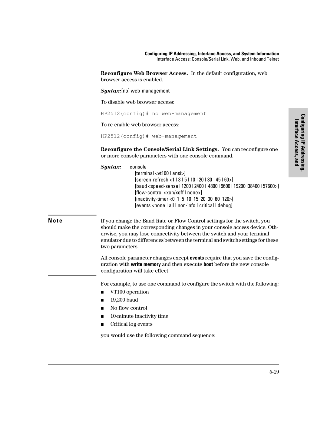 HP 2500 To disable web browser access, To re-enable web browser access, Two parameters, Configuration will take effect 