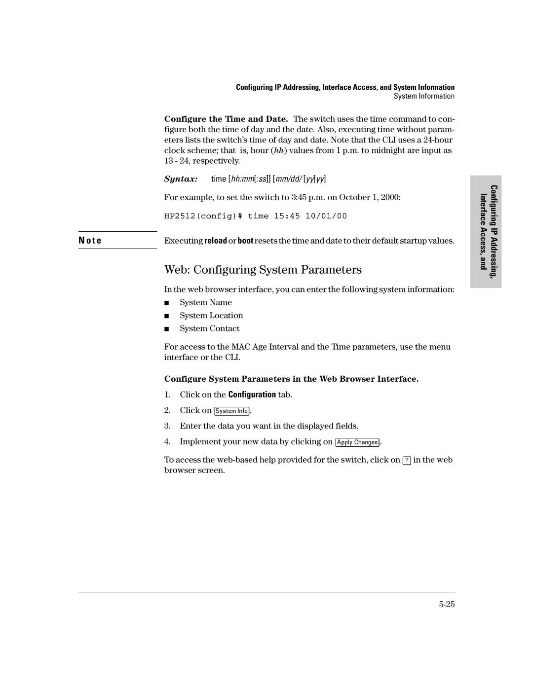 HP 2500 Web Configuring System Parameters, For example, to set the switch to 345 p.m. on October 1, Click on System Info 