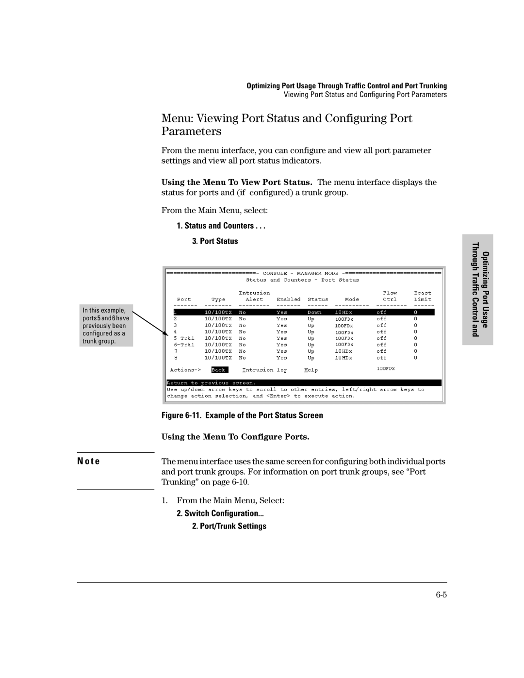 HP 2500 manual Menu Viewing Port Status and Configuring Port Parameters, Using the Menu To Configure Ports, Trunking on 