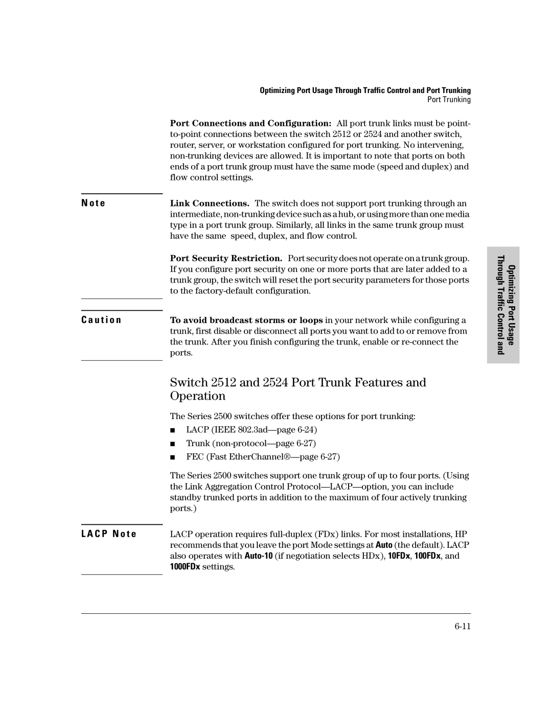 HP 2500 manual Switch 2512 and 2524 Port Trunk Features and Operation, T e U t i o n C P N o t e 