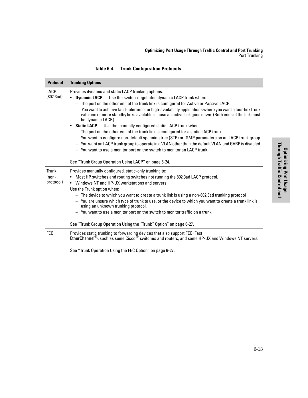 HP 2500 manual Trunk Configuration Protocols, Protocol Trunking Options, Provides dynamic and static Lacp trunking options 